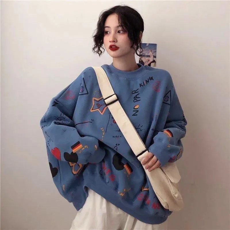 Joskaa Christmas Gift Woman Cartoon O-Neck Sweatshirt Spring and Autumn Casual Loose Hoodie Harajuku Korean Graffiti Printing Streetwear Pullover Tops