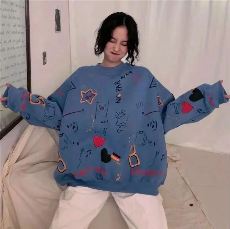 Joskaa Christmas Gift Woman Cartoon O-Neck Sweatshirt Spring and Autumn Casual Loose Hoodie Harajuku Korean Graffiti Printing Streetwear Pullover Tops