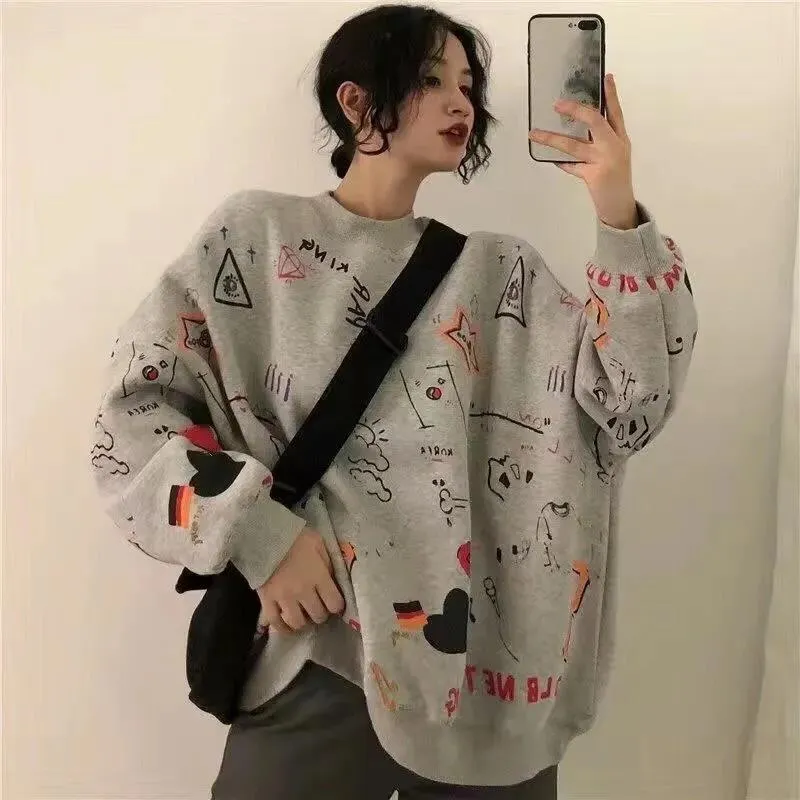Joskaa Christmas Gift Woman Cartoon O-Neck Sweatshirt Spring and Autumn Casual Loose Hoodie Harajuku Korean Graffiti Printing Streetwear Pullover Tops