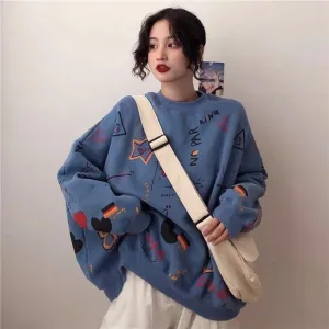Joskaa Christmas Gift Woman Cartoon O-Neck Sweatshirt Spring and Autumn Casual Loose Hoodie Harajuku Korean Graffiti Printing Streetwear Pullover Tops
