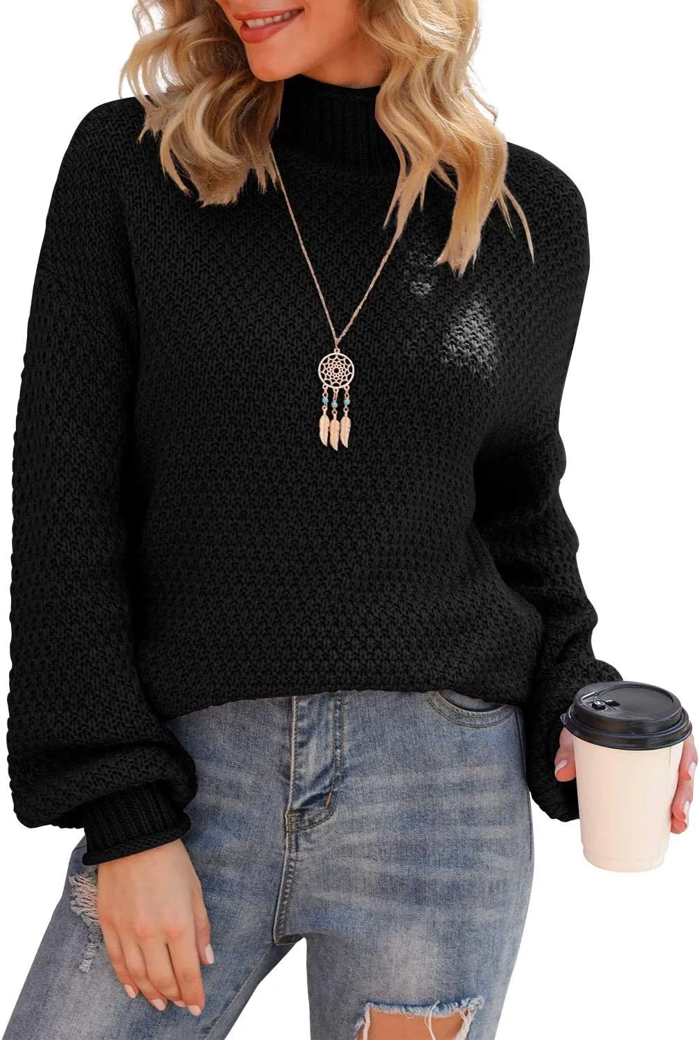 Jouica Women's Turtleneck Oversized Sweaters Batwing Long Sleeve Pullover Loose Chunky Knit Jumper