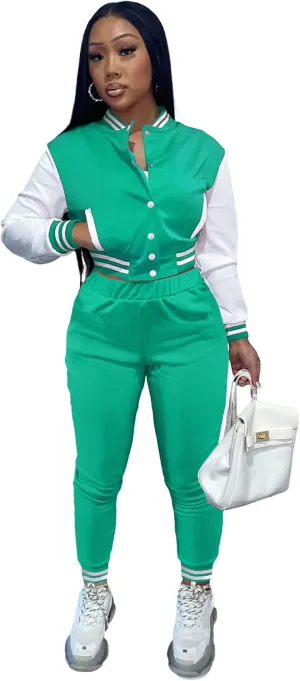 KELOVEPAN Sweatsuits for Women Set 2 Piece Patchwork Tracksuits Button Down Crop Bomber Varsity Jacket Pants Set Sexy