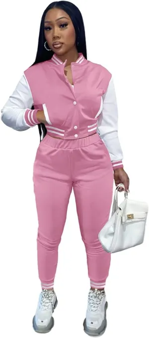 KELOVEPAN Sweatsuits for Women Set 2 Piece Patchwork Tracksuits Button Down Crop Bomber Varsity Jacket Pants Set Sexy