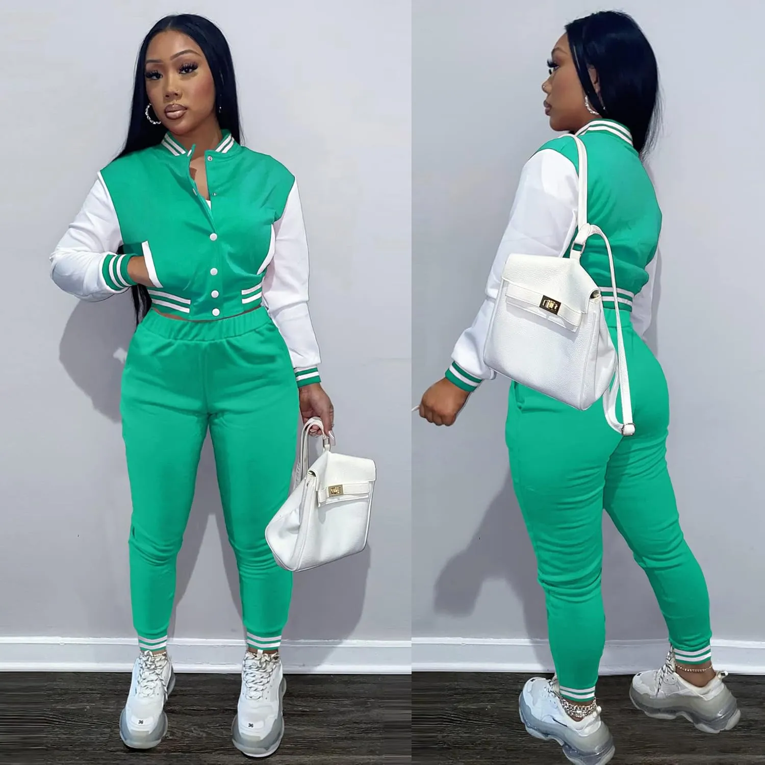 KELOVEPAN Sweatsuits for Women Set 2 Piece Patchwork Tracksuits Button Down Crop Bomber Varsity Jacket Pants Set Sexy