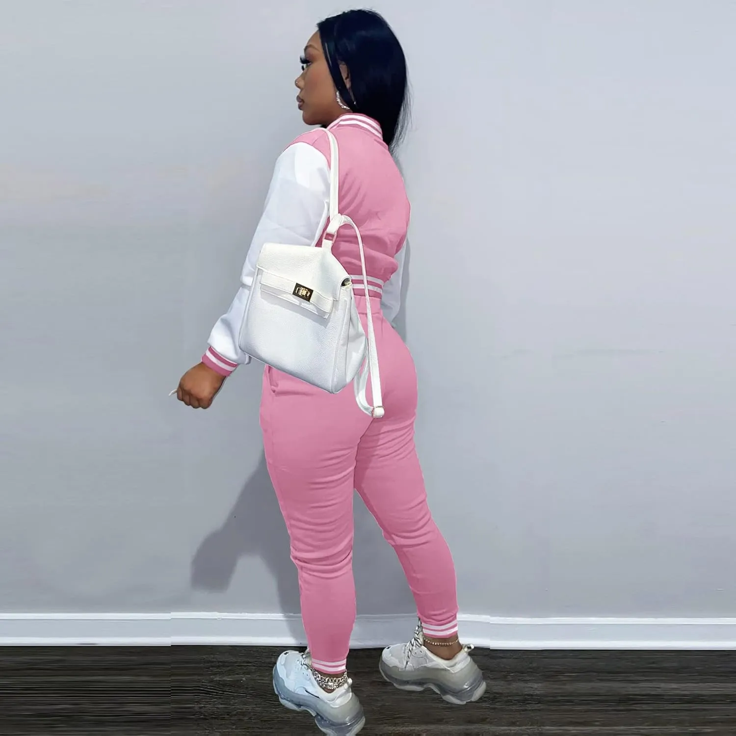 KELOVEPAN Sweatsuits for Women Set 2 Piece Patchwork Tracksuits Button Down Crop Bomber Varsity Jacket Pants Set Sexy