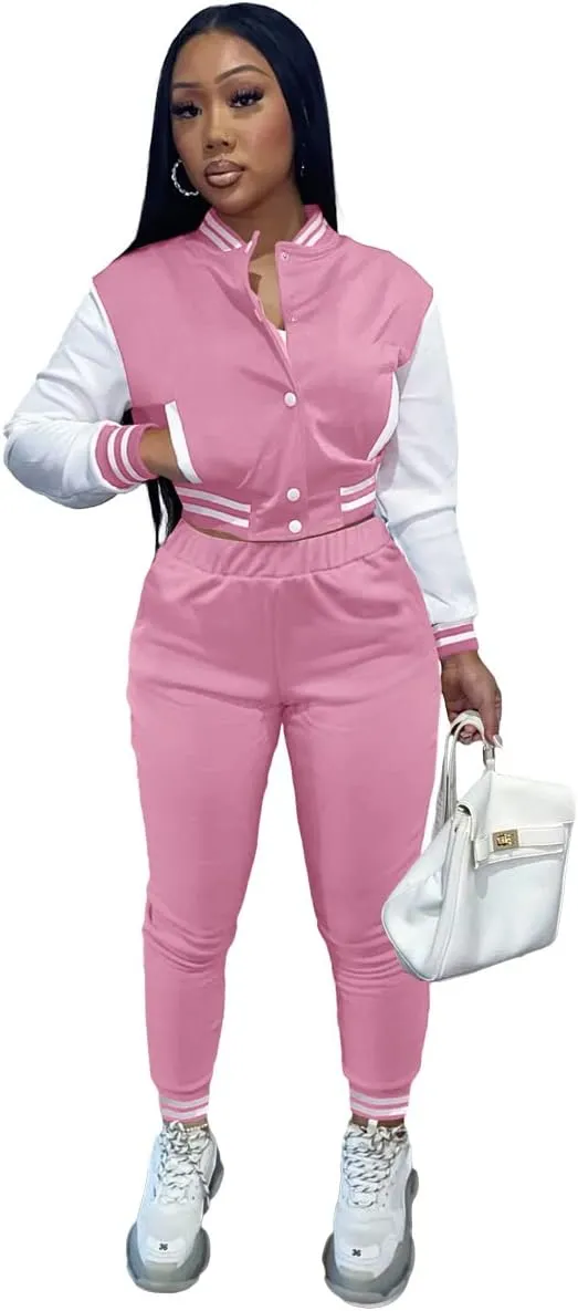 KELOVEPAN Sweatsuits for Women Set 2 Piece Patchwork Tracksuits Button Down Crop Bomber Varsity Jacket Pants Set Sexy
