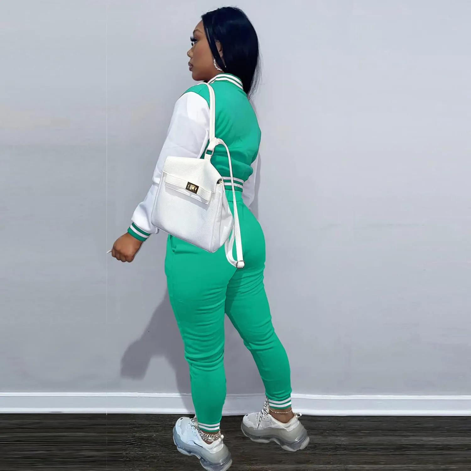 KELOVEPAN Sweatsuits for Women Set 2 Piece Patchwork Tracksuits Button Down Crop Bomber Varsity Jacket Pants Set Sexy