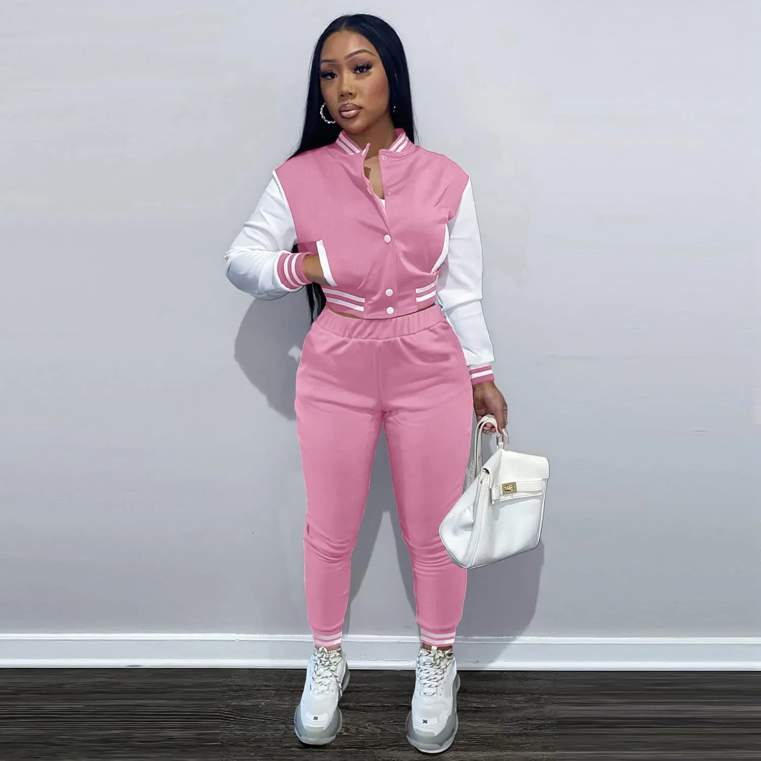 KELOVEPAN Sweatsuits for Women Set 2 Piece Patchwork Tracksuits Button Down Crop Bomber Varsity Jacket Pants Set Sexy