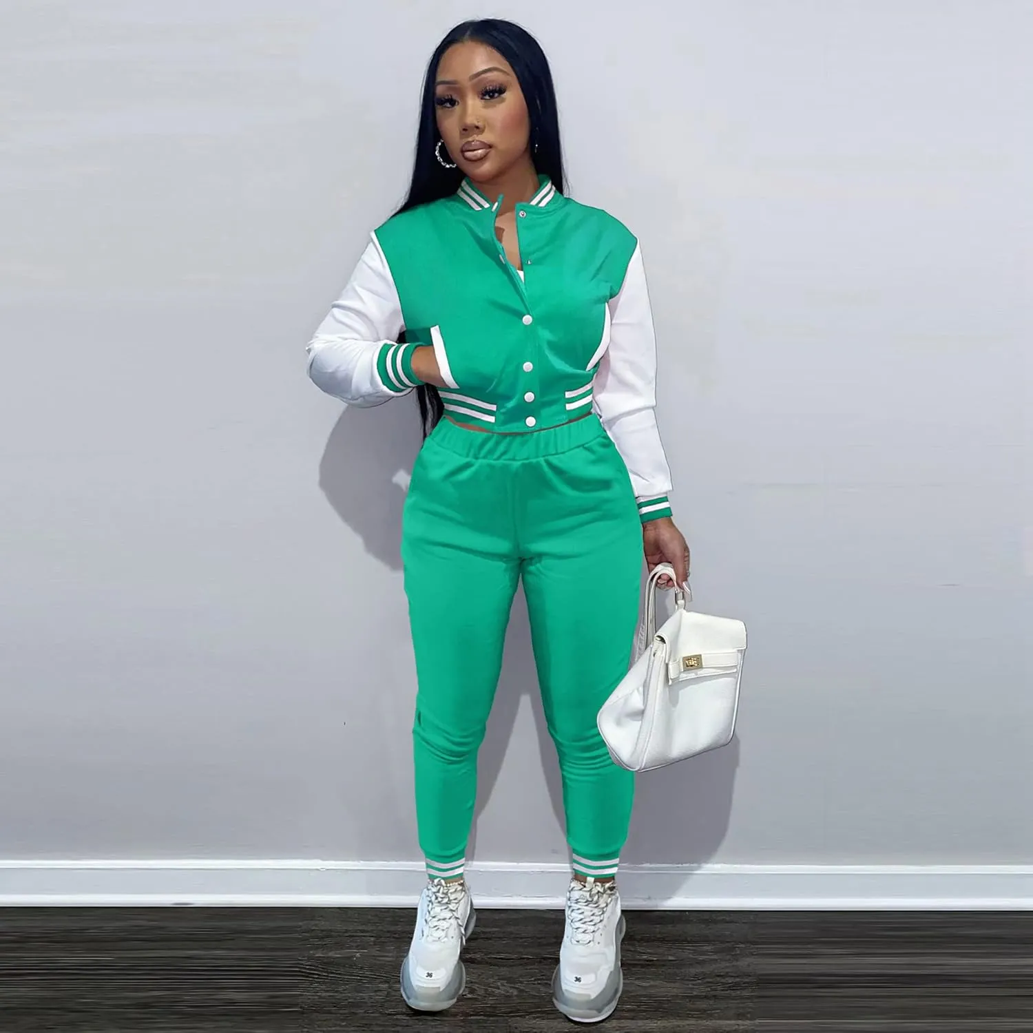 KELOVEPAN Sweatsuits for Women Set 2 Piece Patchwork Tracksuits Button Down Crop Bomber Varsity Jacket Pants Set Sexy