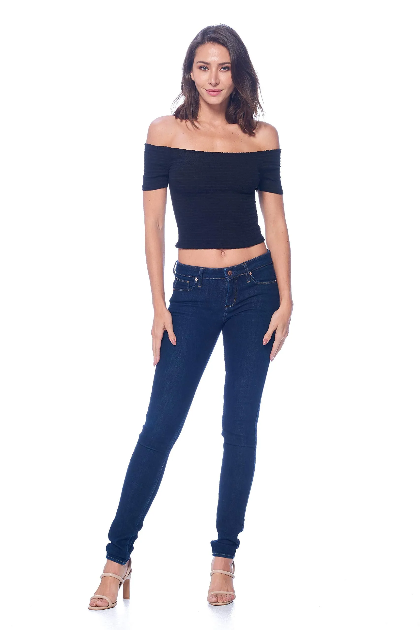 Khanomak Women's Off The Shoulder Short Sleeve Smocked Crop Top Shirt