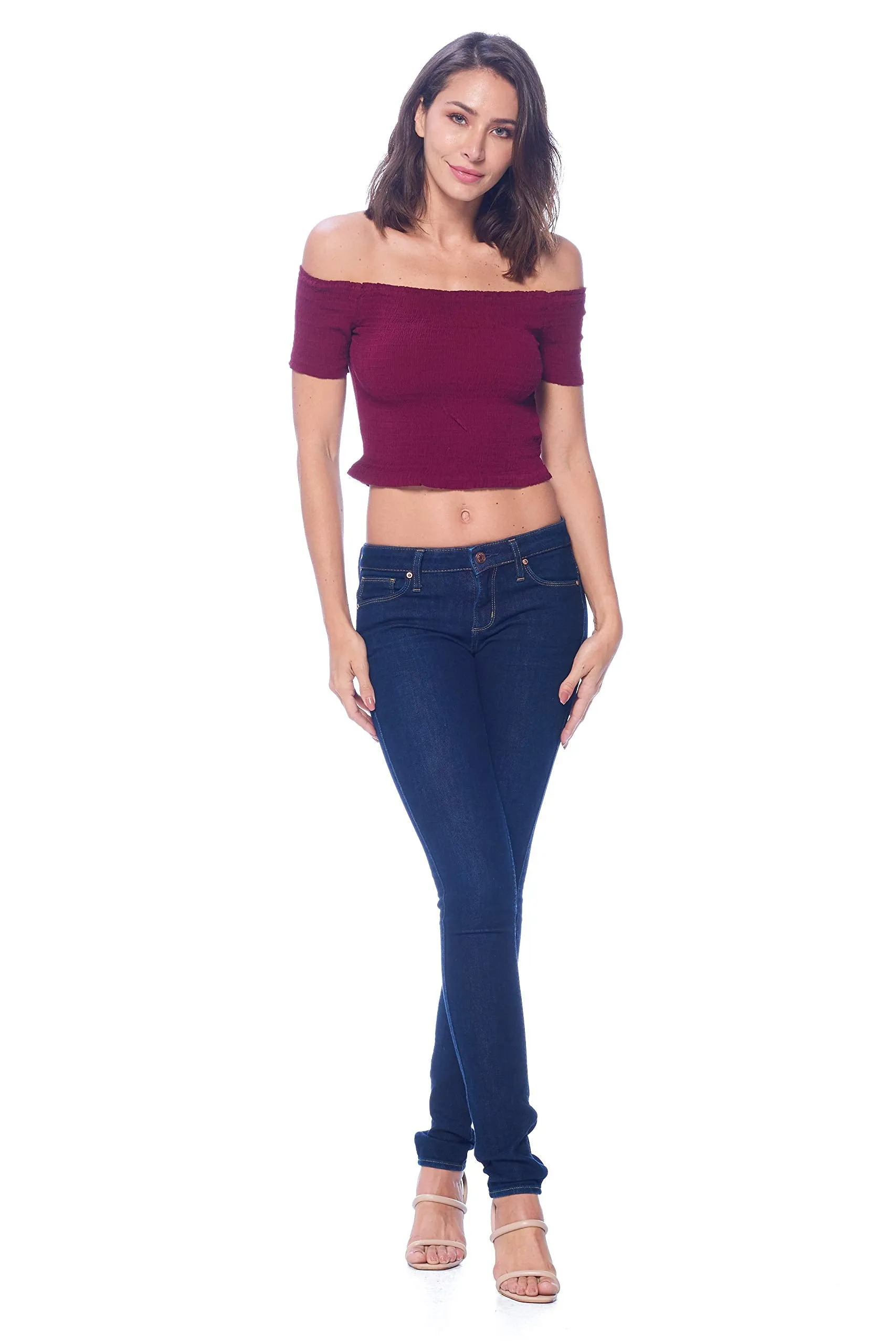 Khanomak Women's Off The Shoulder Short Sleeve Smocked Crop Top Shirt