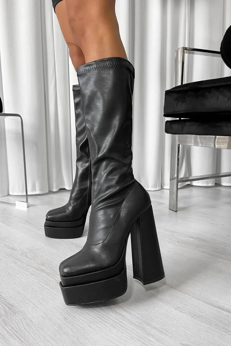 KIKI Platform Sock Fit Mid Boots - Black PU