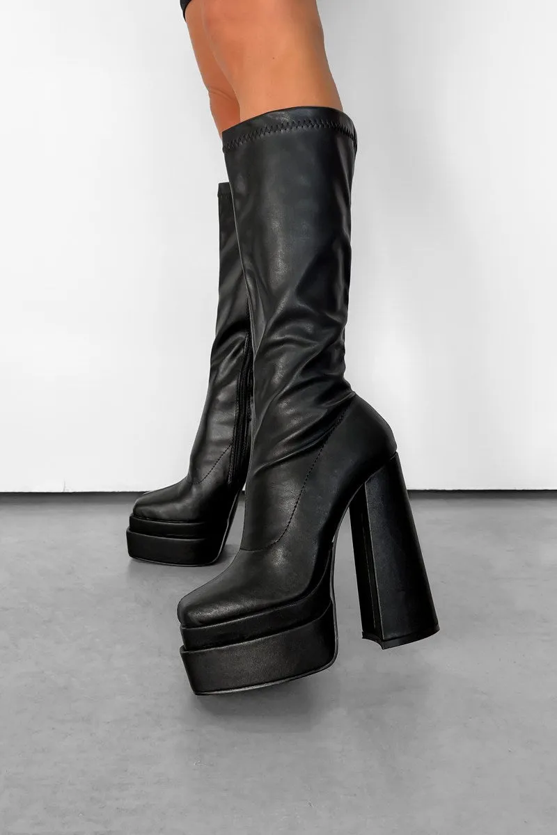 KIKI Platform Sock Fit Mid Boots - Black PU