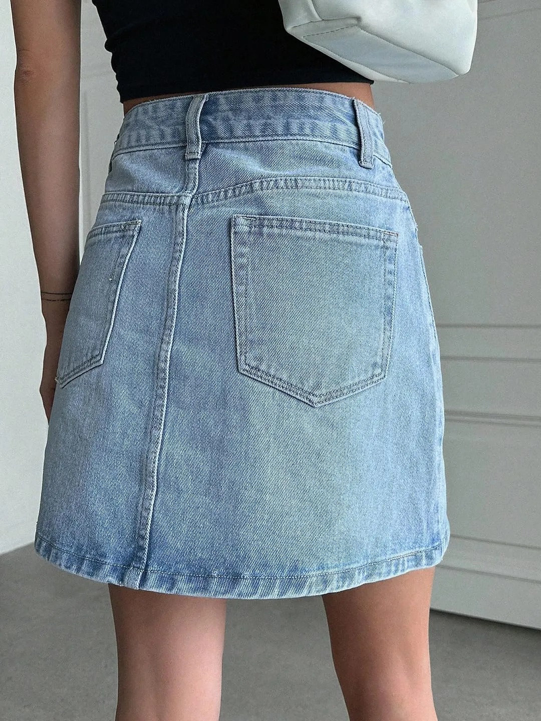 KOTTY Women's Washed Denim A-Line Mini Skirt(Blue,L)