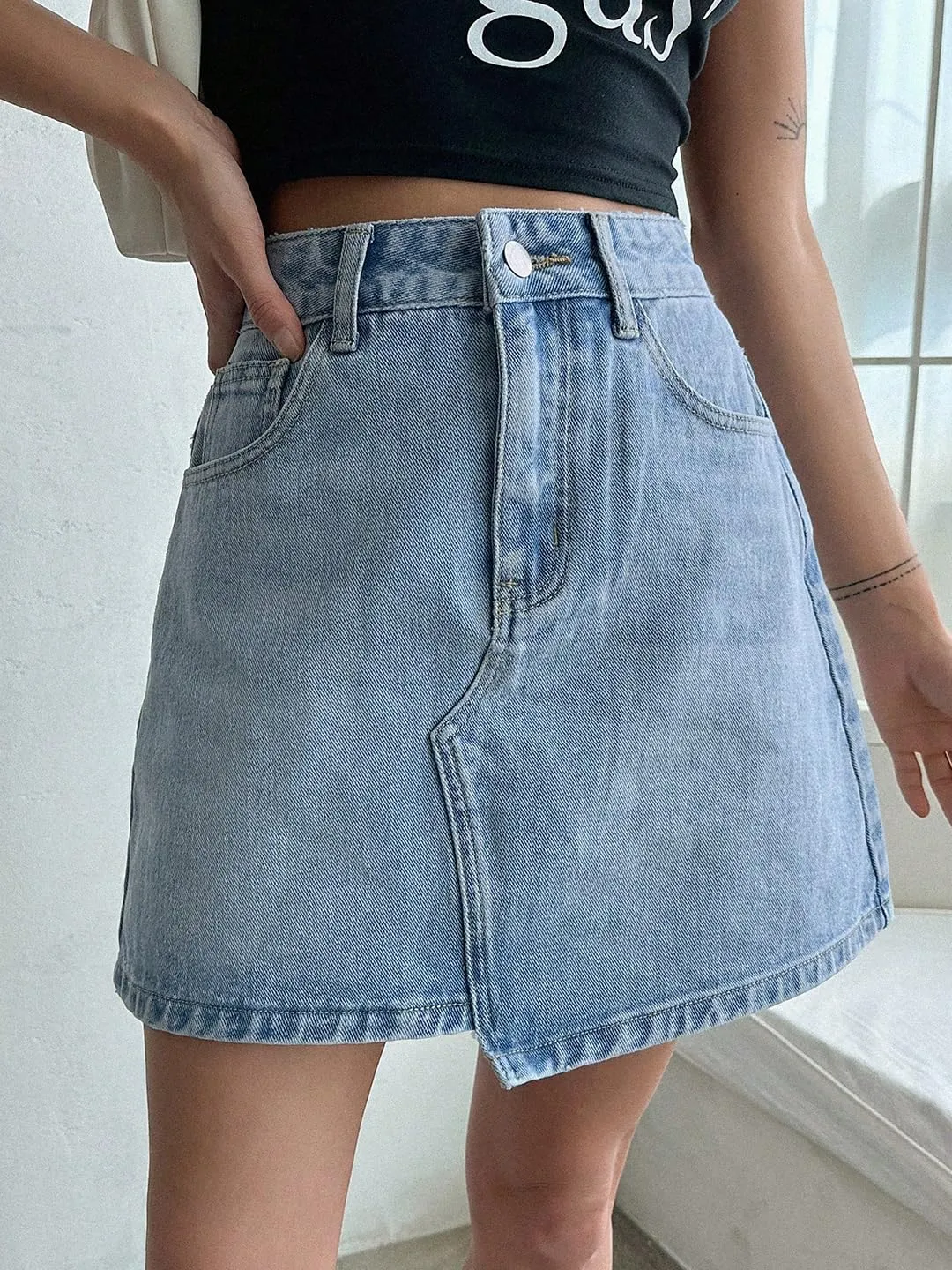 KOTTY Women's Washed Denim A-Line Mini Skirt(Blue,L)