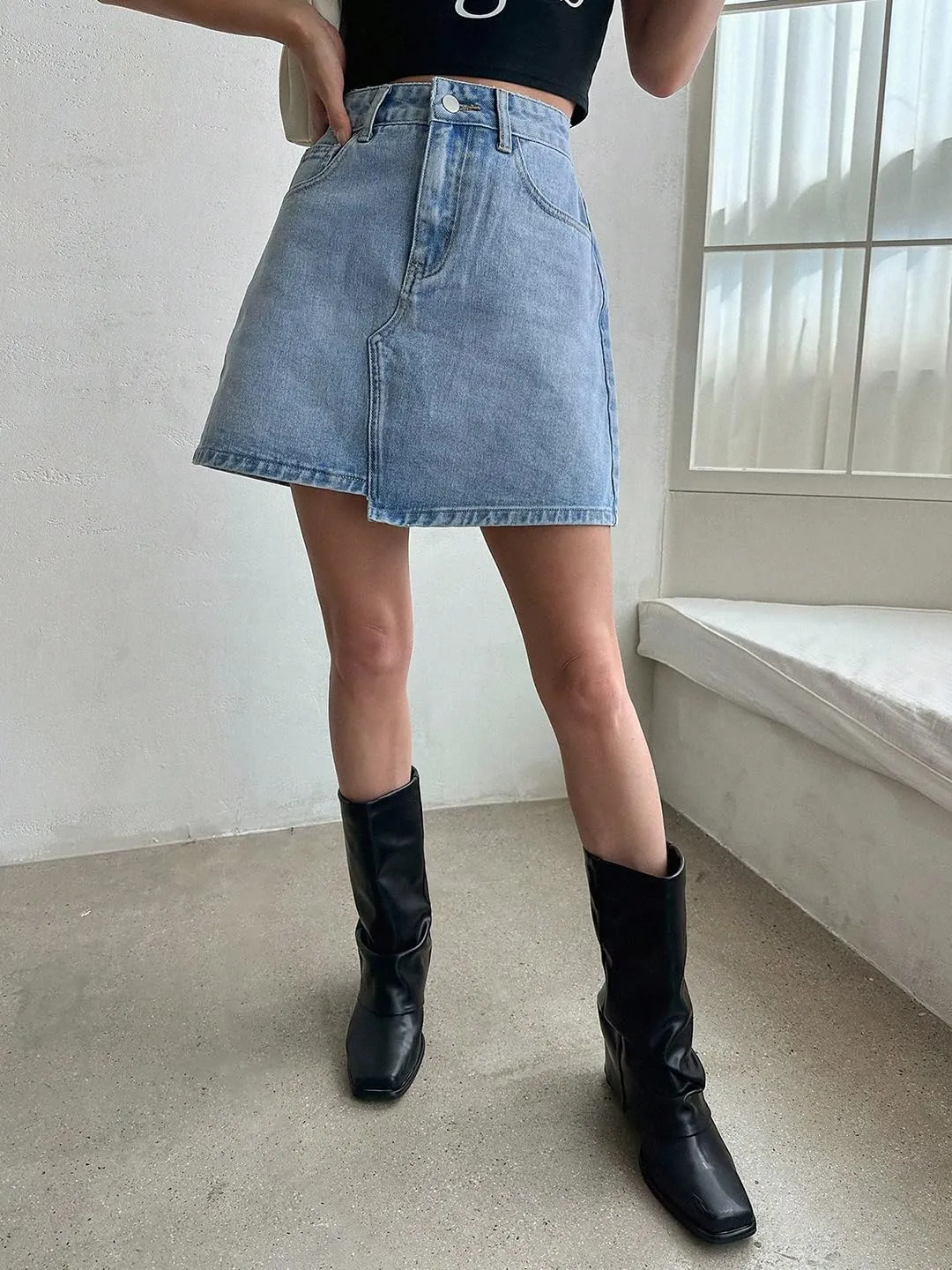 KOTTY Women's Washed Denim A-Line Mini Skirt(Blue,L)