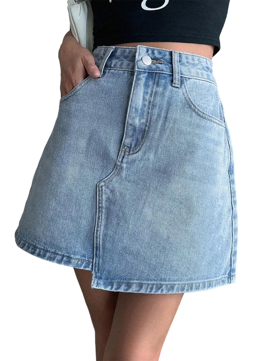 KOTTY Women's Washed Denim A-Line Mini Skirt(Blue,L)