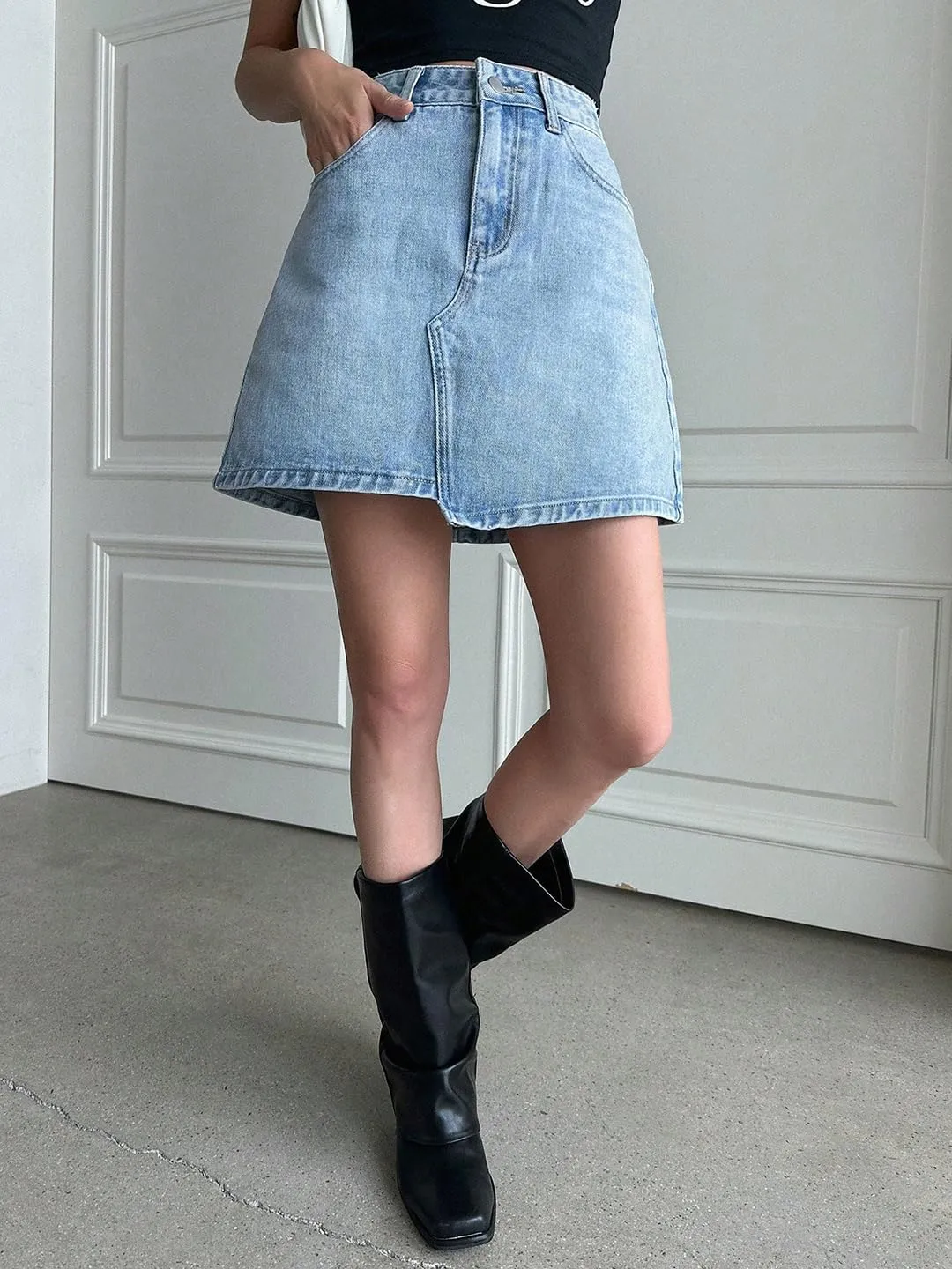KOTTY Women's Washed Denim A-Line Mini Skirt(Blue,L)