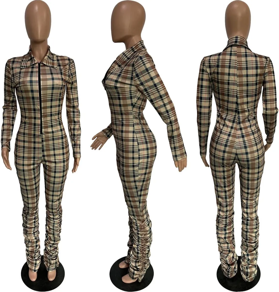 KUFV Women Backless Sexy Backless Ruched Open Back Long Sleeve Bandage Jumpsuit Drawstring Patchwork
