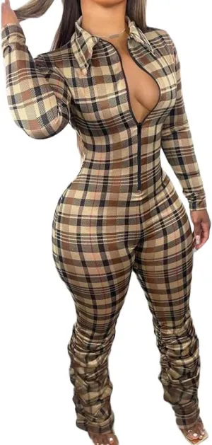 KUFV Women Backless Sexy Backless Ruched Open Back Long Sleeve Bandage Jumpsuit Drawstring Patchwork