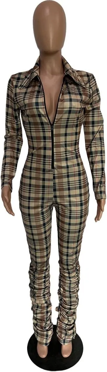 KUFV Women Backless Sexy Backless Ruched Open Back Long Sleeve Bandage Jumpsuit Drawstring Patchwork