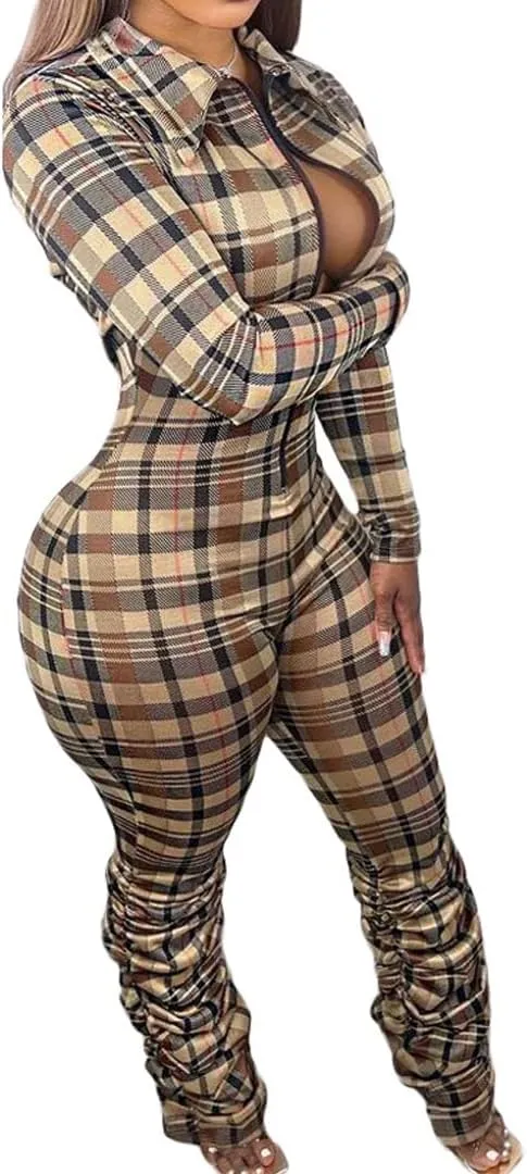 KUFV Women Backless Sexy Backless Ruched Open Back Long Sleeve Bandage Jumpsuit Drawstring Patchwork