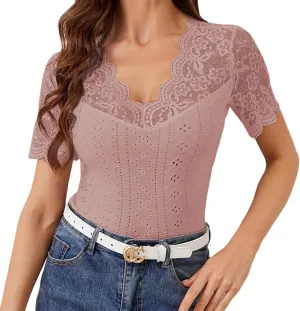 Lace Tops for Women Going Out Short Sleeve Plus Size Blouse Slim Fit Floral Elegant Mesh Hollow Summer Tops V Neck Shirts