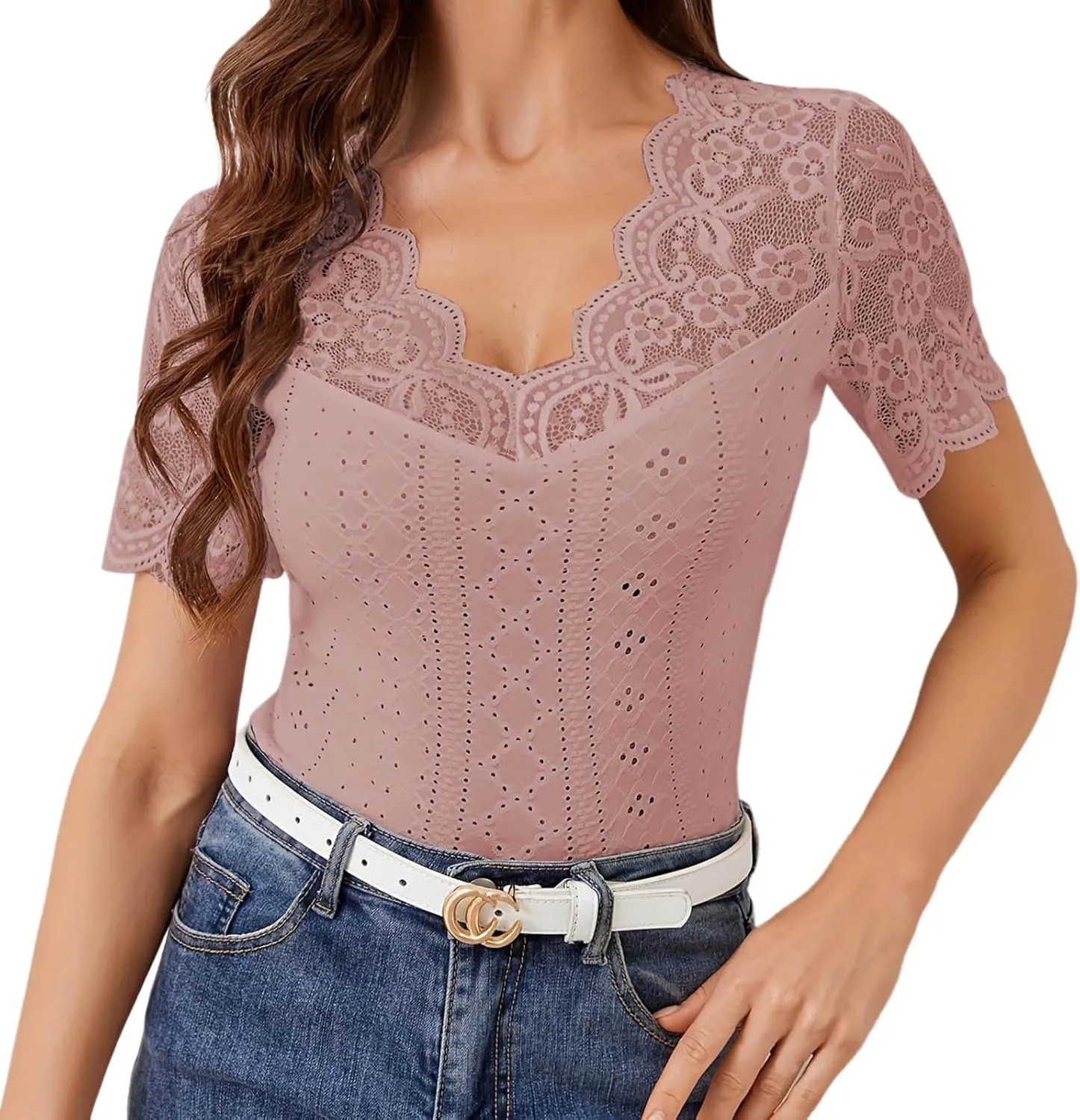 Lace Tops for Women Going Out Short Sleeve Plus Size Blouse Slim Fit Floral Elegant Mesh Hollow Summer Tops V Neck Shirts