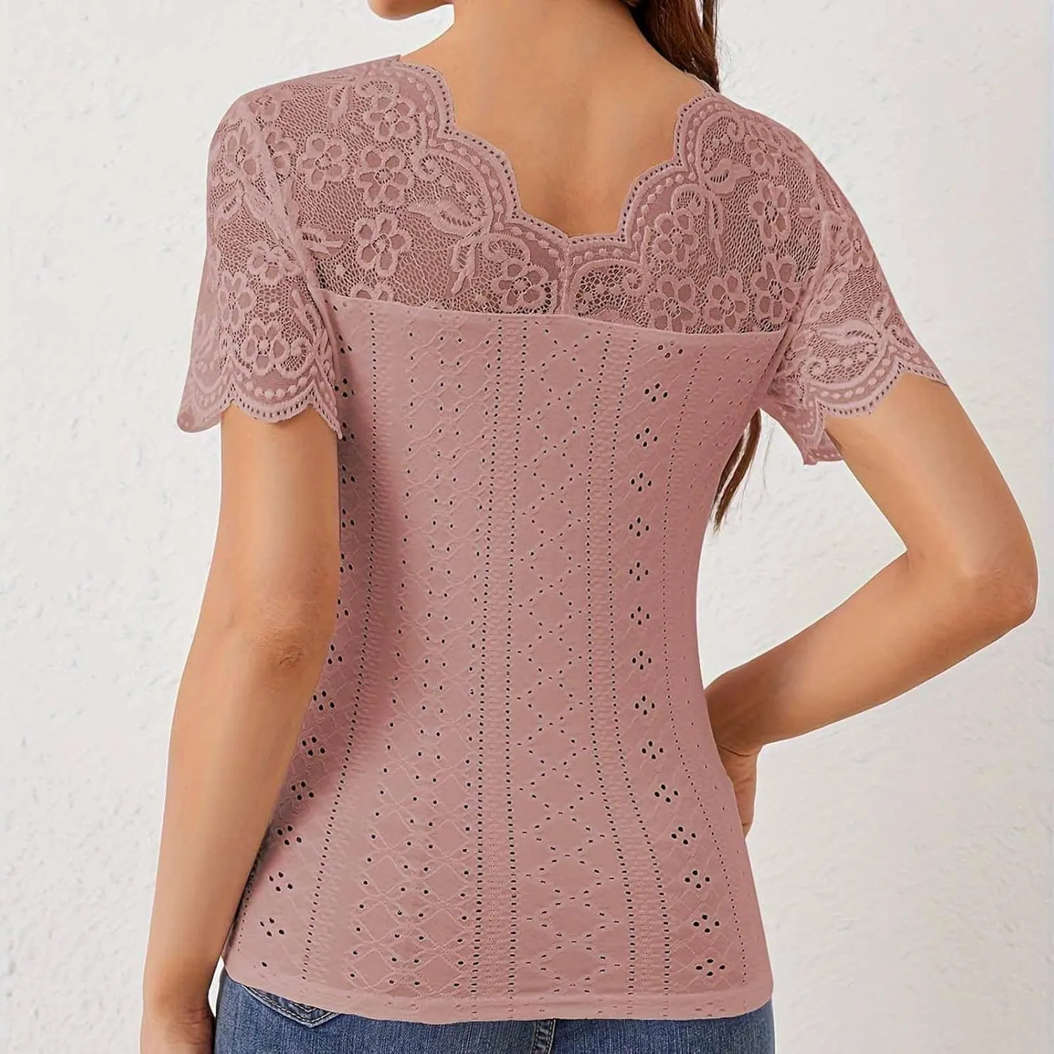 Lace Tops for Women Going Out Short Sleeve Plus Size Blouse Slim Fit Floral Elegant Mesh Hollow Summer Tops V Neck Shirts