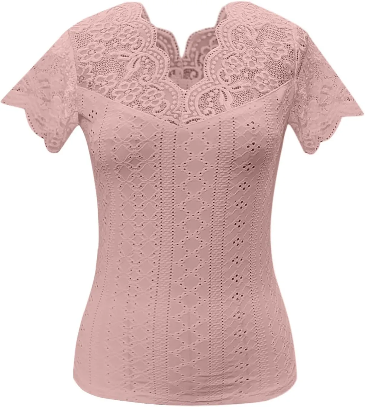 Lace Tops for Women Going Out Short Sleeve Plus Size Blouse Slim Fit Floral Elegant Mesh Hollow Summer Tops V Neck Shirts