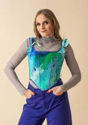 Lace-up Corset Top, Tie-Dye "Baltic" Print