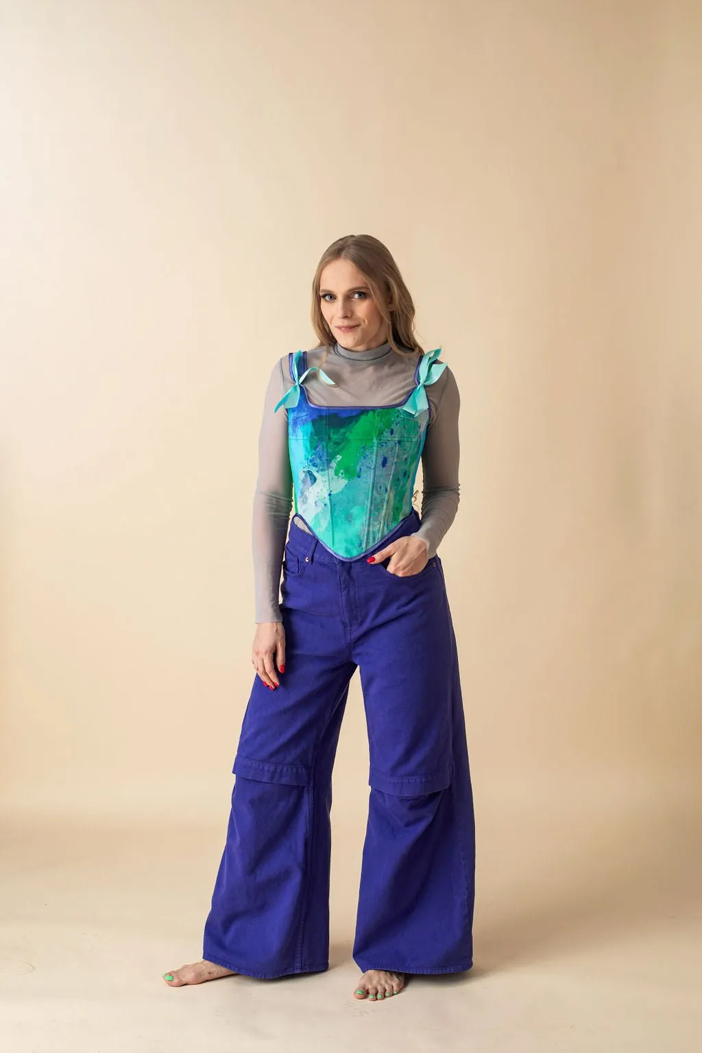 Lace-up Corset Top, Tie-Dye "Baltic" Print
