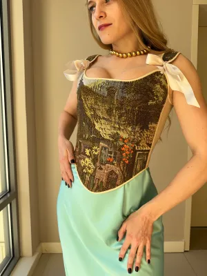 Lace-up Vintage Tapestry Corset Top, "Cottage house” Pattern