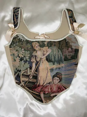 Lace-up Vintage Tapestry Corset Top, "Ladies on a Boat Ride” Pattern