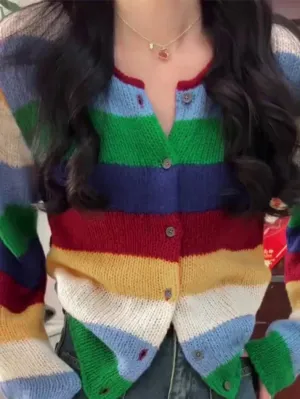 LANFUBEISI - Contrast Color Rainbow Stripe Cardigan