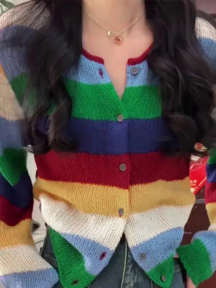 LANFUBEISI - Contrast Color Rainbow Stripe Cardigan
