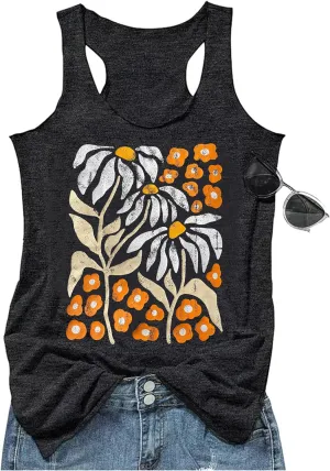 LANMERTREE Womens Vintage Graphic Racerback Tank Tops Floral Graphic Sleeveless Summer Basic Casual Loose Muscle Vest