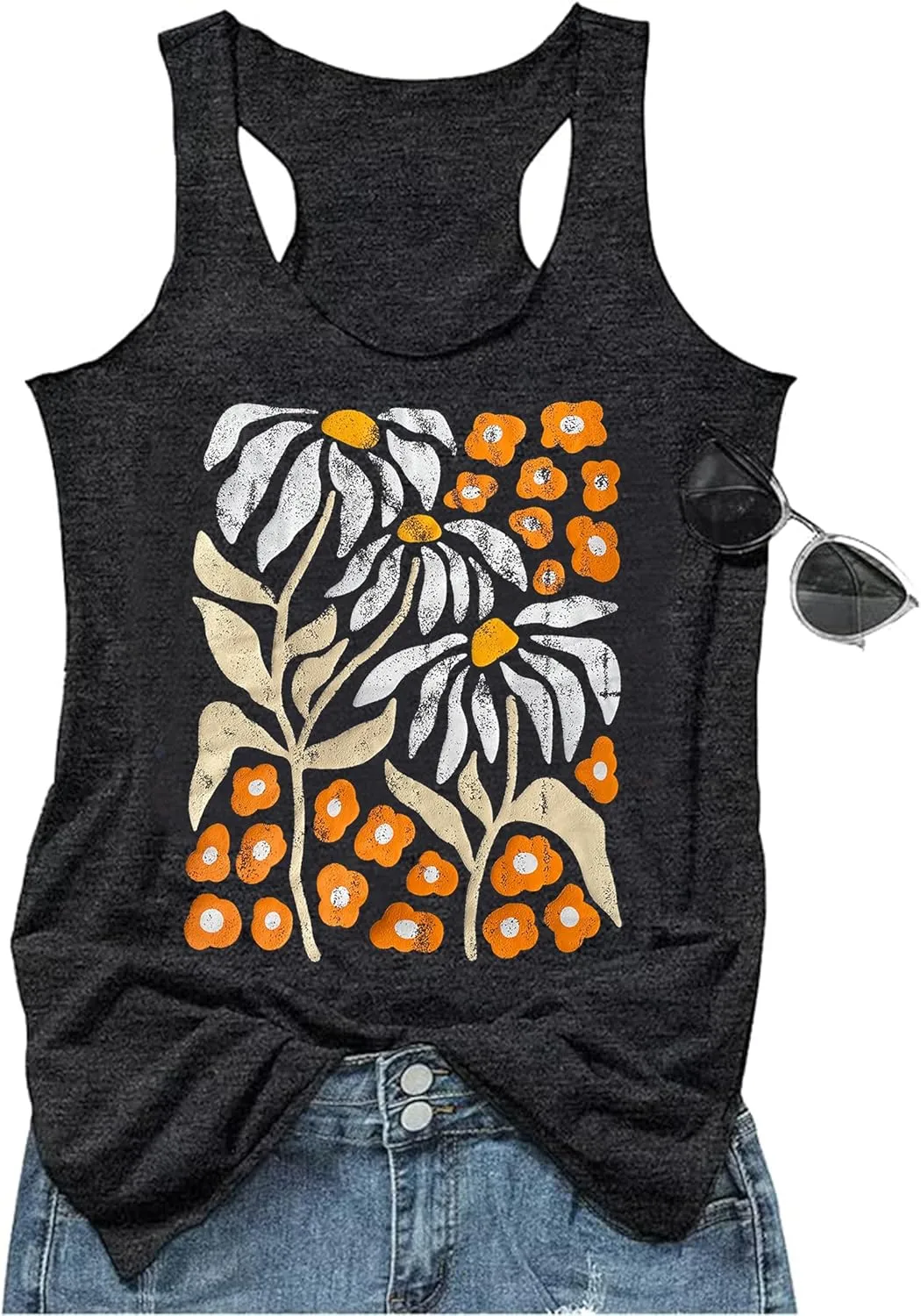 LANMERTREE Womens Vintage Graphic Racerback Tank Tops Floral Graphic Sleeveless Summer Basic Casual Loose Muscle Vest