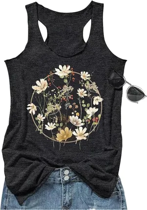 LANMERTREE Womens Vintage Graphic Racerback Tank Tops Floral Graphic Sleeveless Summer Basic Casual Loose Muscle Vest