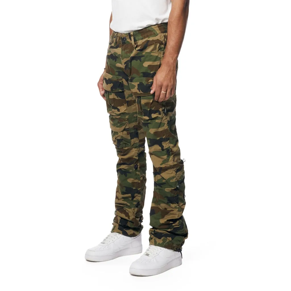 Lazy Stacked Flare Utility Bungee Twill Pants - Wood Camo