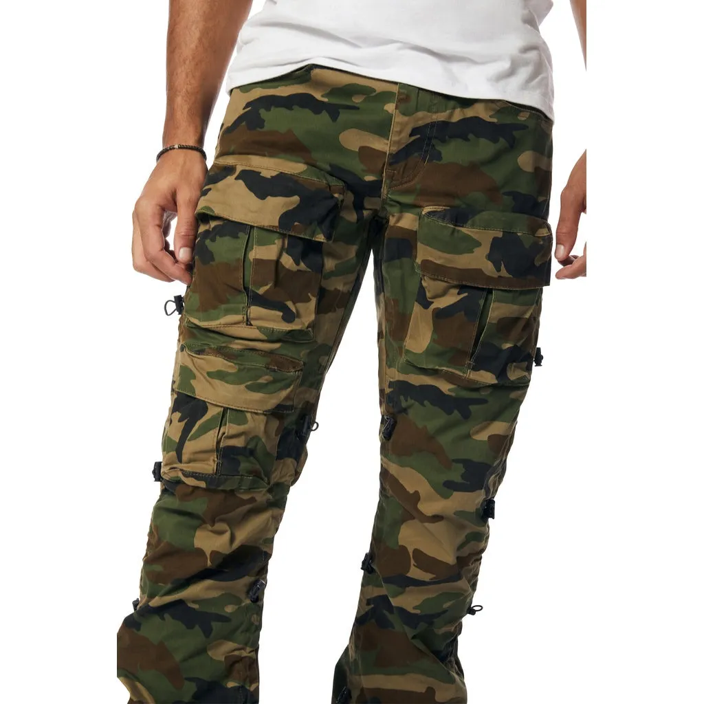 Lazy Stacked Flare Utility Bungee Twill Pants - Wood Camo