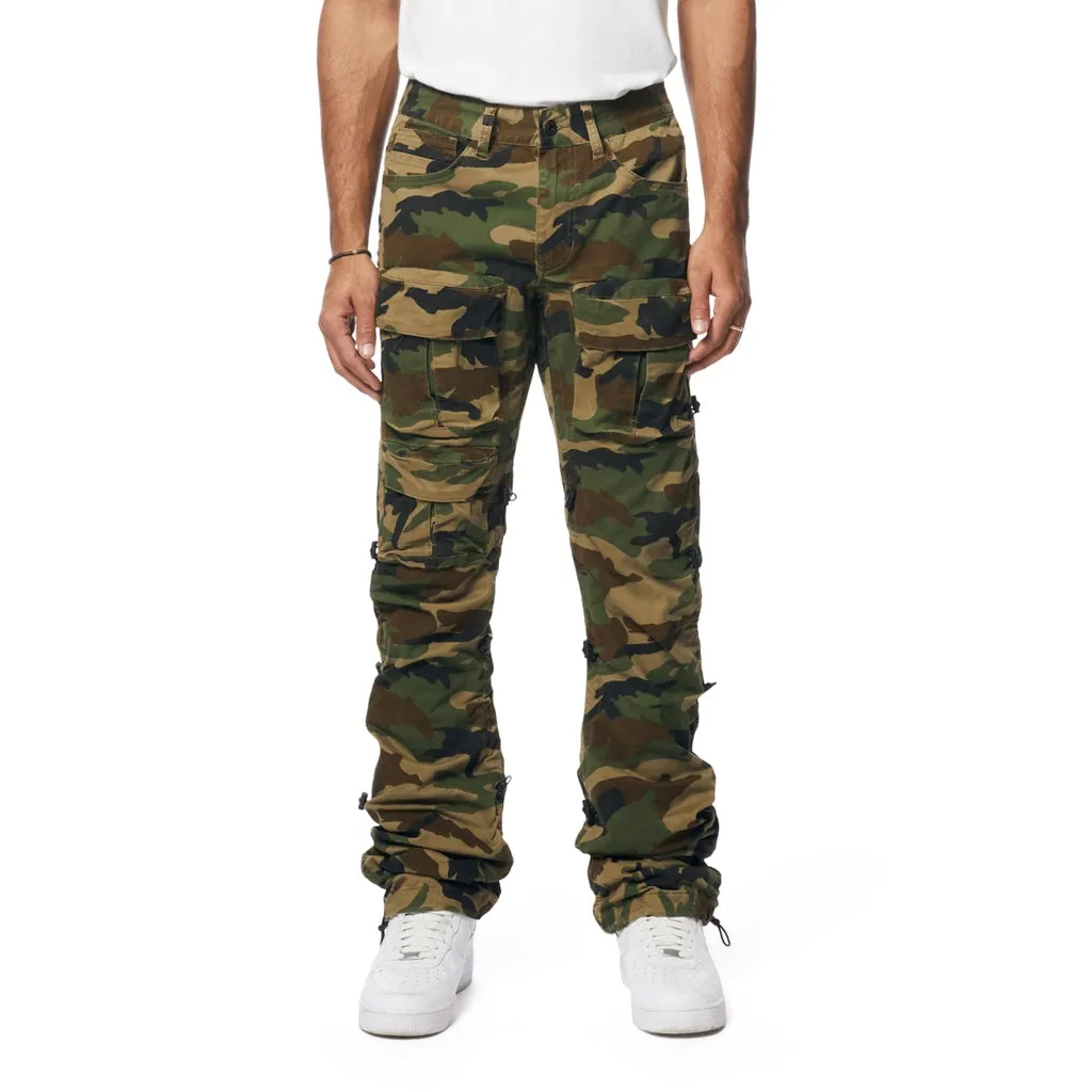 Lazy Stacked Flare Utility Bungee Twill Pants - Wood Camo