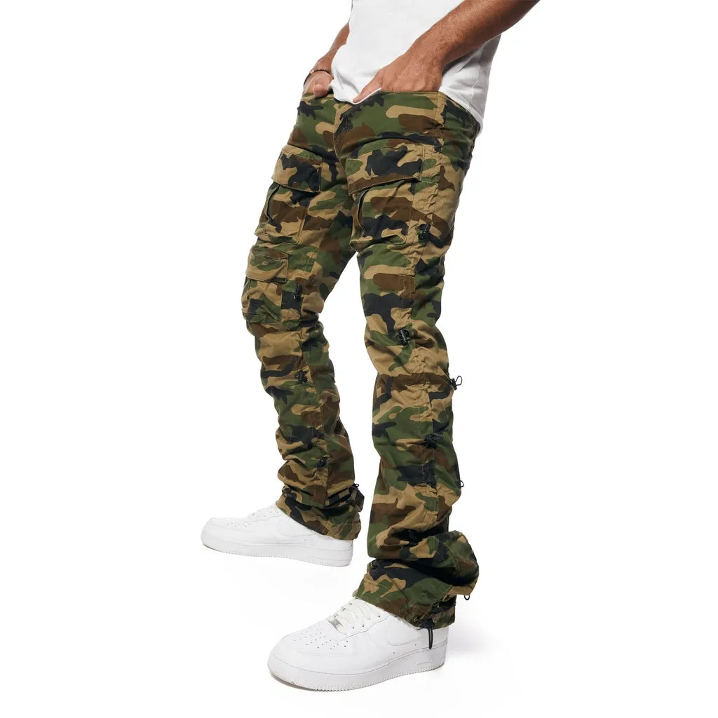 Lazy Stacked Flare Utility Bungee Twill Pants - Wood Camo