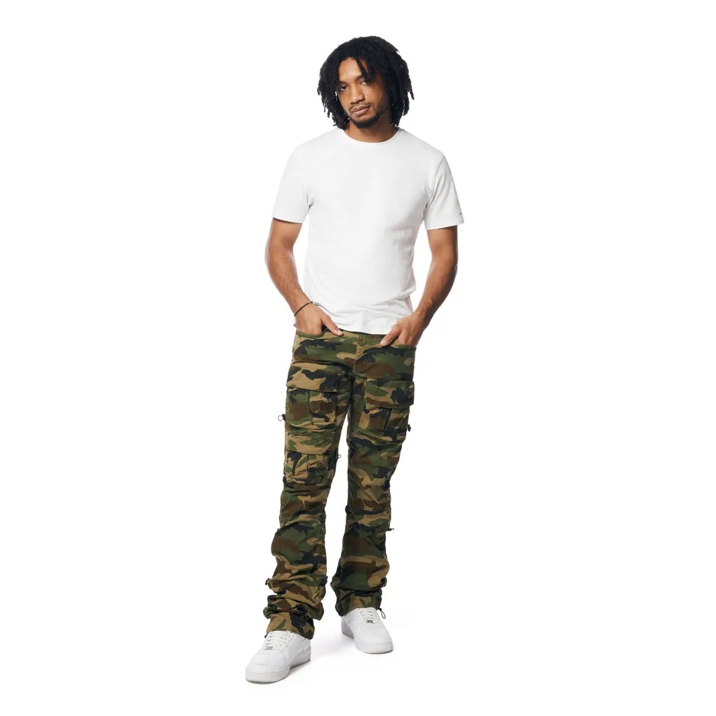 Lazy Stacked Flare Utility Bungee Twill Pants - Wood Camo