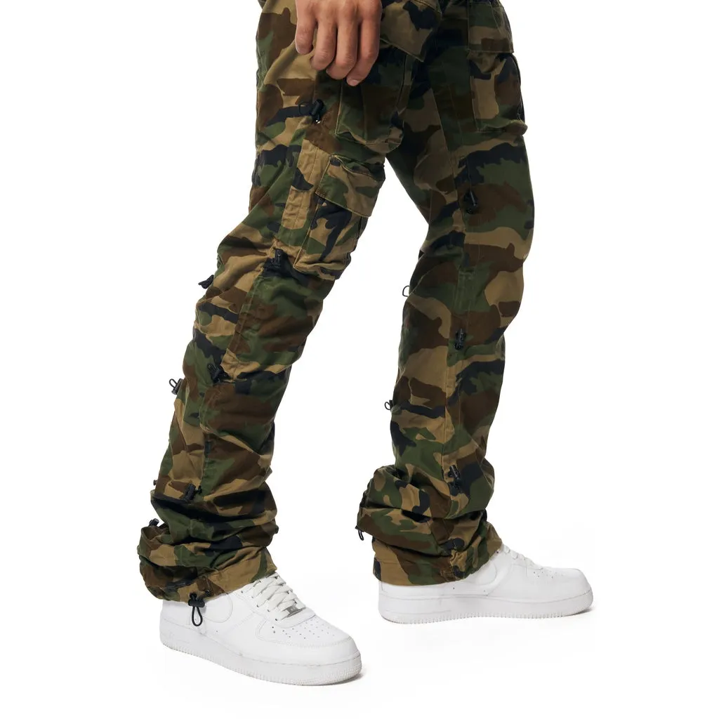 Lazy Stacked Flare Utility Bungee Twill Pants - Wood Camo