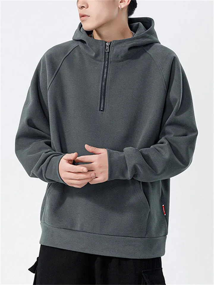 Leisure Half-Zip Solid Color Basic Sports Hoodie for Men