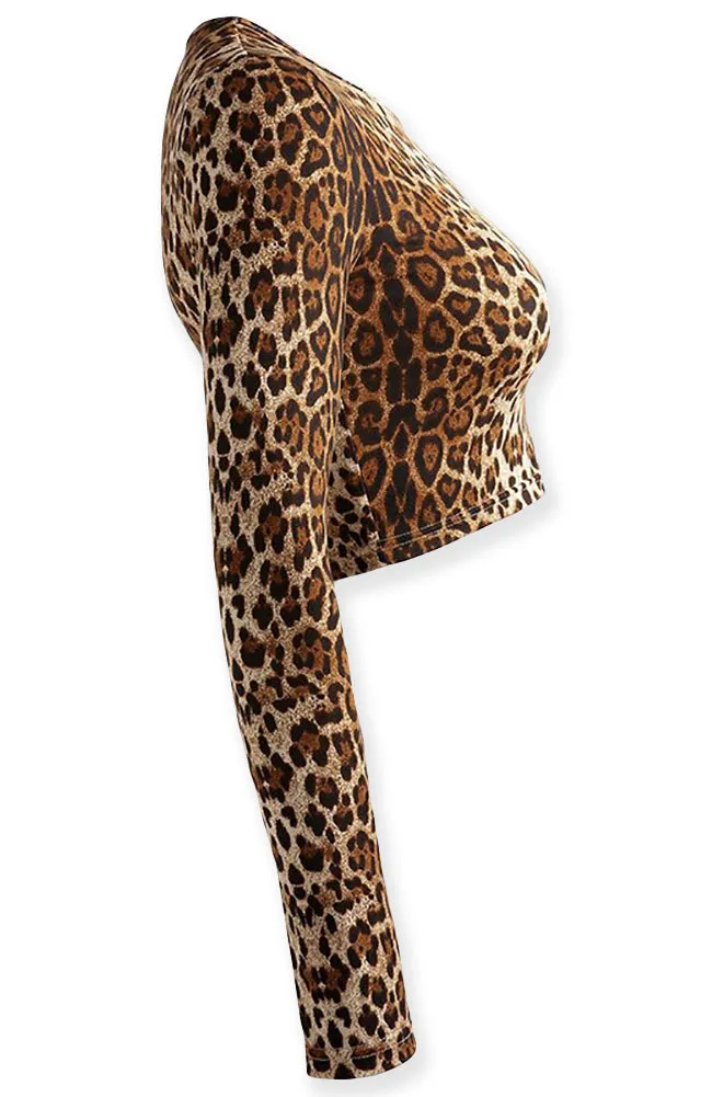 Leopard Animal Print Long Sleeve O Neck Crop Top