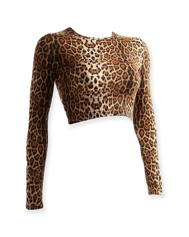 Leopard Animal Print Long Sleeve O Neck Crop Top