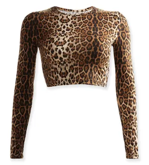 Leopard Animal Print Long Sleeve O Neck Crop Top
