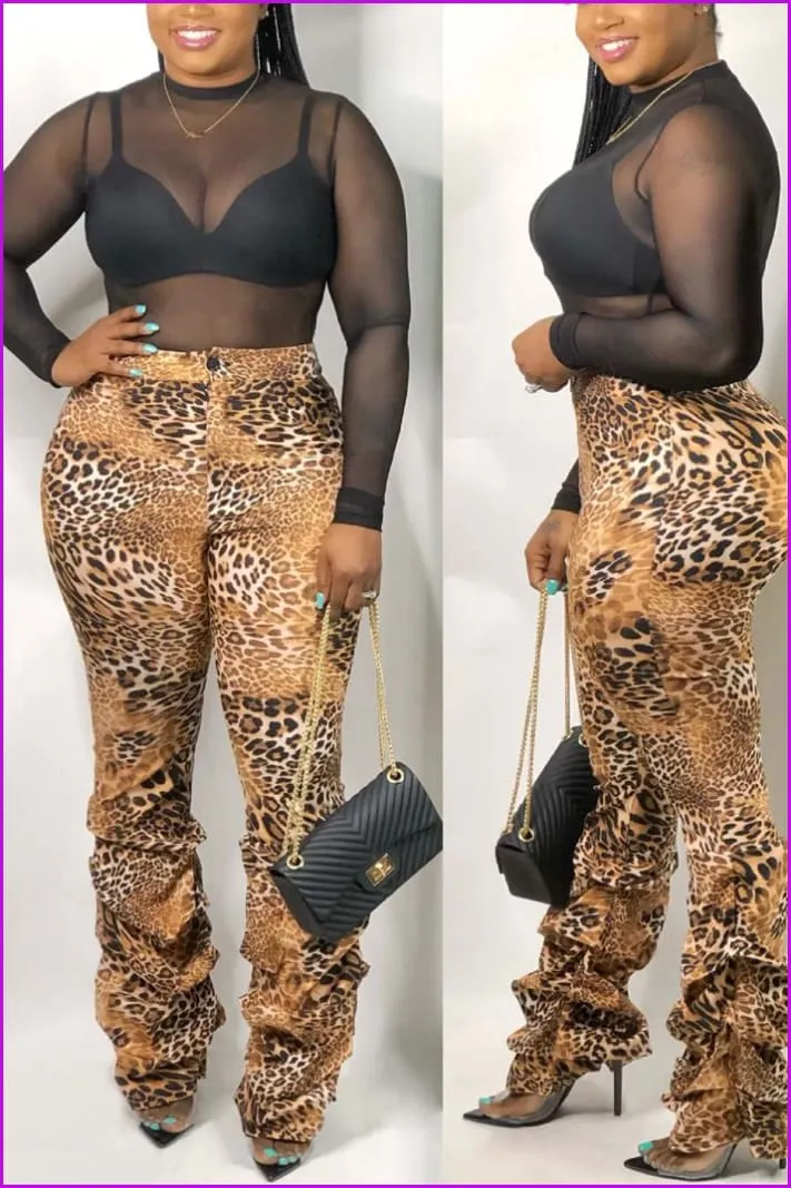 Leopard Print Stacked Pants For Women F992
